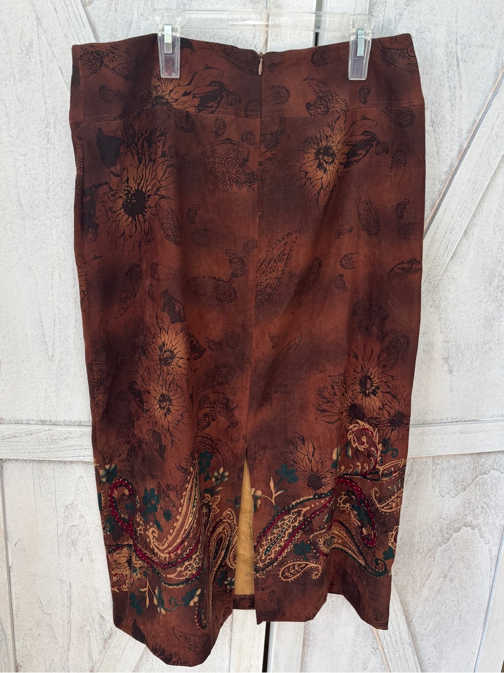 Requirements Faux Suede Paisley A-Line Midi Skirt Women’s Size 10 Brown Grunge - Picture 3 of 9